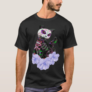Dag Van De Doden Suiker Schedel Kat Paarse Bloemen T-shirt