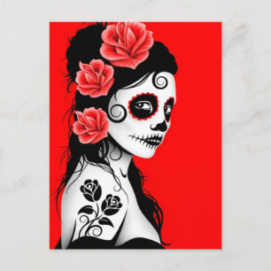 Dag van het Dead Sugar Skull Girl - Helder rood Briefkaart