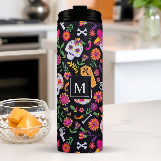 Dag van het Dead Sugar Skull Pattern Monogram Thermosbeker
