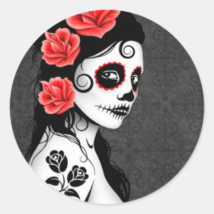 Dag van het meisje met de dikke suikerschedel - gr ronde sticker