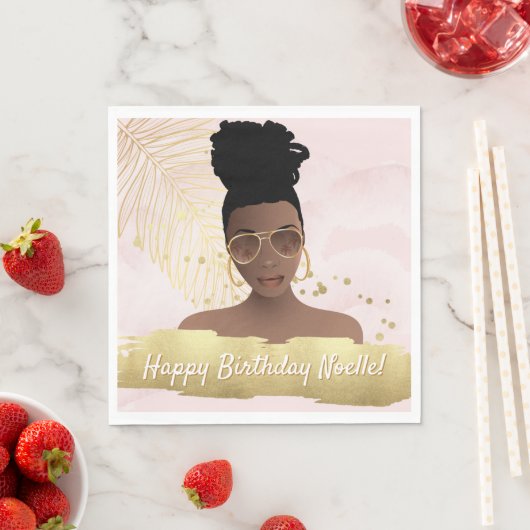 Dag, Zwarte Vrouw, Gold Tropisch Blad, Roze Servet (Insitu)