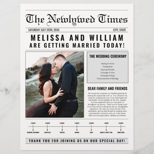 Dagblad Trouwprogramma Tijdlijn Info Reisschema Flyer (Voorkant)