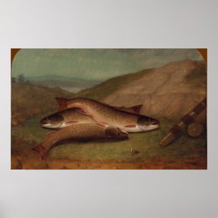 Dagelijkse vangst forel op een rivieroever poster