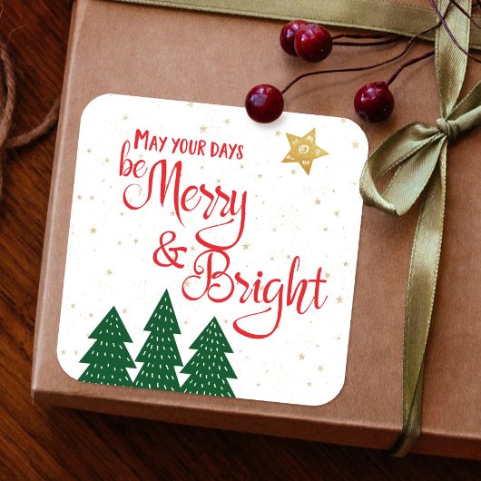 Dagen Be Merry Bright Quote Trees Gold Star Script Vierkante Sticker