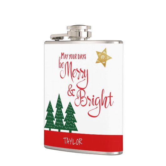 Dagen Be Merry Bright Script Groene Bomen Gouden S Heupfles (Links)