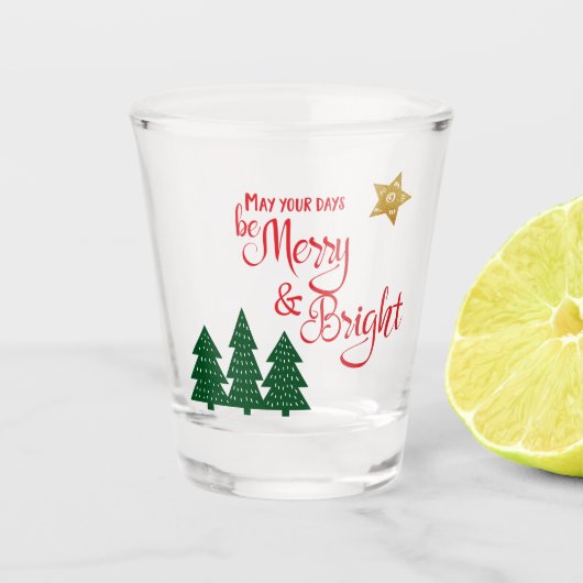 Dagen Be Merry Bright Script Groene Bomen Gouden S Shot Glas (Voorkant)