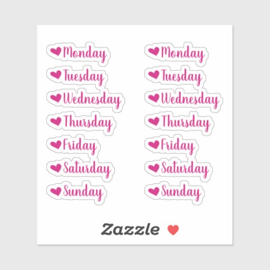 Dagen van de Week Pink Heart Planner Stickers (Vel)