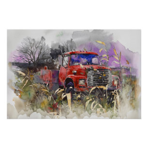 Dagen voorbij, rode pick-up in de herfst perfect poster