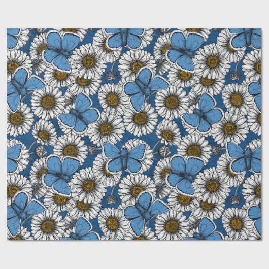 Dagen, witte wilde bloemen en blauwe vlinders w cadeaupapier (Vlak)