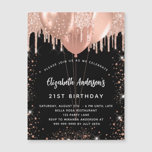 Dagen zwarte roos goudballonnen luxe magnetische uitnodiging (Voorkant)