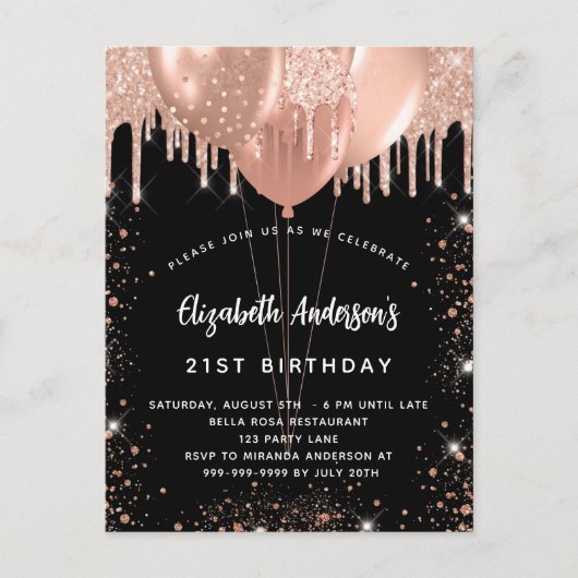 Dagen zwarte roos goudballonnen uitnodiging briefkaart (Voorkant)