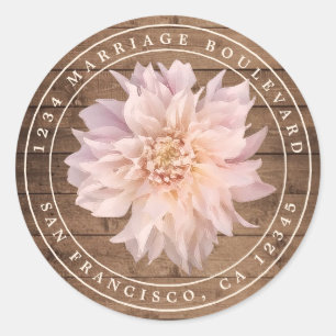 Dahlia Bloem Rustieke Houten Trouwdag Retouradres Ronde Sticker