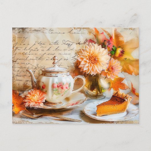 Dahlia Bloom with Pumpkin Cake Slice and Teapot Briefkaart (Voorkant)