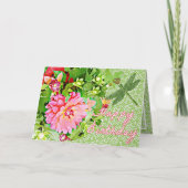 Dahlia Blooms en Dragonfly Happy Birthday Kaart (Voorkant)