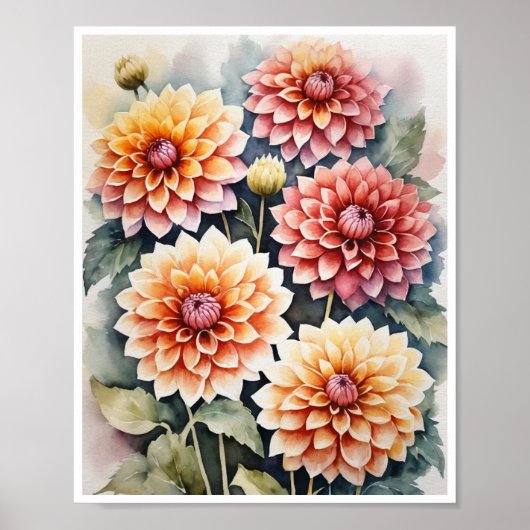 Dahlia Fleurs faites main de l'eau couleur Poster (Devant)