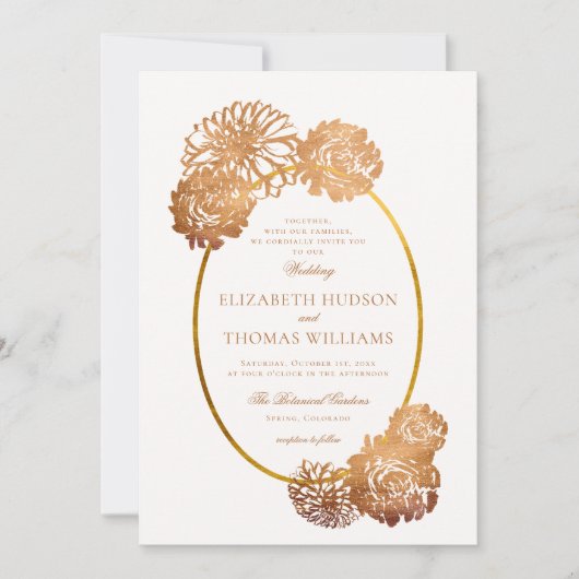 Dahlia Floral Art Schets Koper Goud Herfst Bruilof Kaart (Voorkant)