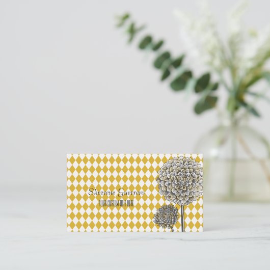 Dahlia Flower Harlequin Mustard Pattern Visitekaartje (Staand voorkant)