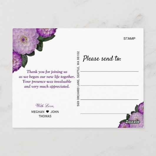 Dahlia Paars Lavender Floral Weddenschap Dank je Briefkaart (Achterkant)