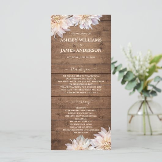 Dahlia Pink Floral Rustic Wood Wedding Programme (Debout devant)