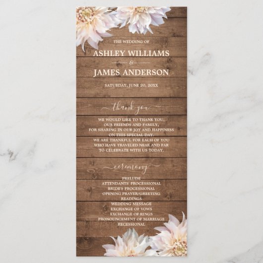 Dahlia Pink Floral Rustic Wood Wedding Programme (Devant)