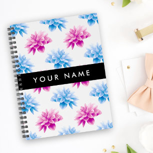 Dahlia rose et bleu, motif floral, votre nom