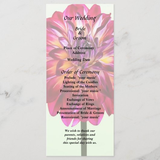 Dahlia Rouge Tinté Avec Programme De Mariage Jaune (Devant)