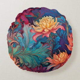 Dahlia tuinwandtapijt rood, blauw groen goud rond kussen