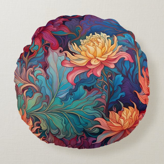 Dahlia tuinwandtapijt rood, blauw groen goud rond kussen (Voorkant)