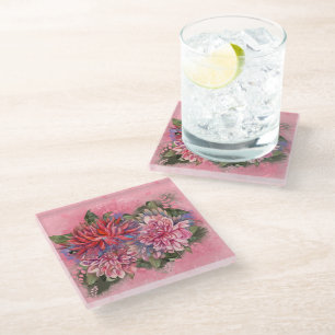 Dahlias bloemen roze aquarel glazen onderzetter