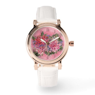 Dahlias bloemen roze waterverf horloge