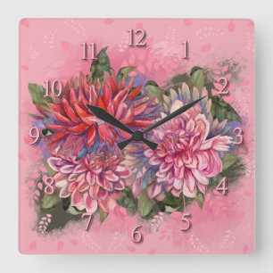 Dahlias bloemen roze waterverf vierkante klok