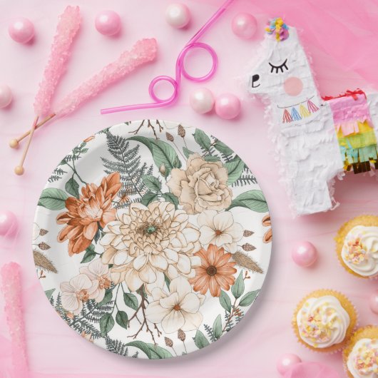 Dahlias daisy ferns greenery peach white romantic papieren bordje (Feest)