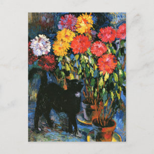 Dahlias en Black Cat, mooi kunstschilderij Briefkaart