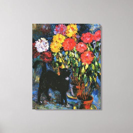 Dahlias en Black Cat, mooi kunstschilderij, Canvas Afdruk (Voorkant)
