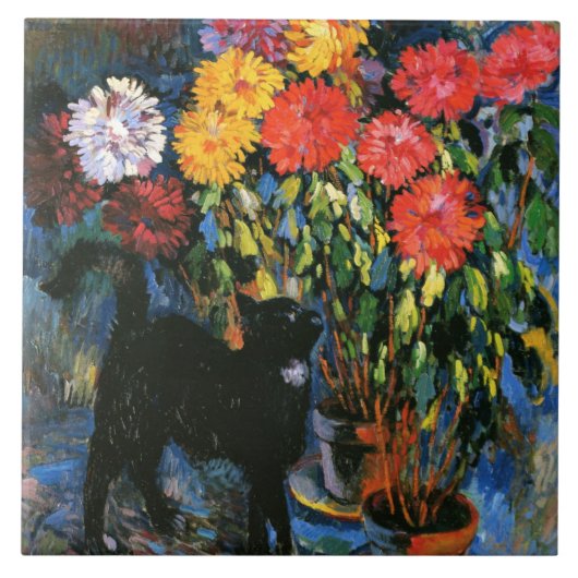 Dahlias en Black Cat, mooi kunstschilderij, Tegeltje (Voorkant)