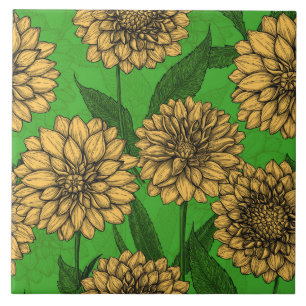 Dahlias in geel en groen tegeltje