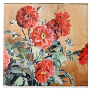 Dahlias, waterverf schilderij van Hannah Overbeck, Tegeltje
