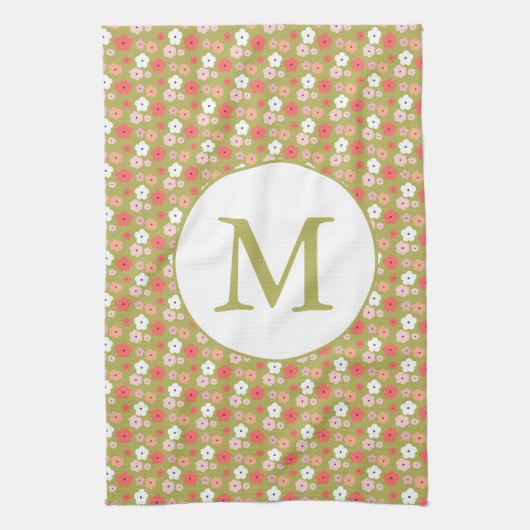 Dainty Boho Woodland Floral Pattern Green Monogram Theedoek (Verticaal)