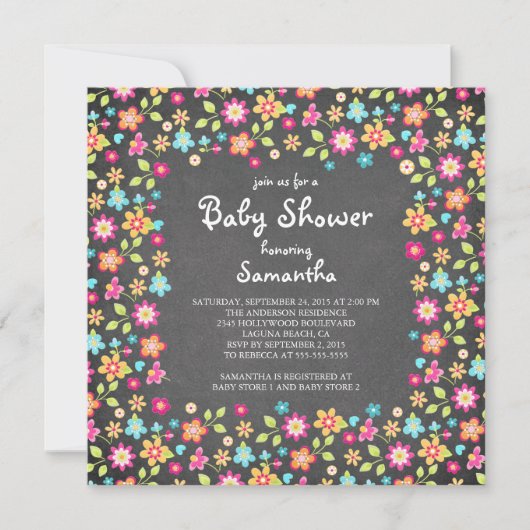 Dainty Flowers Chalkboard Baby Shower Invitations (Devant)