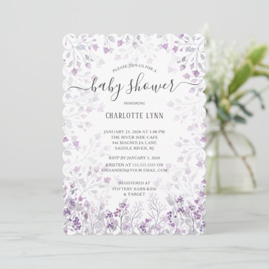 Dainty Paarse Waterverf Bloemen Meisjes Baby showe Kaart (Staand voorkant)