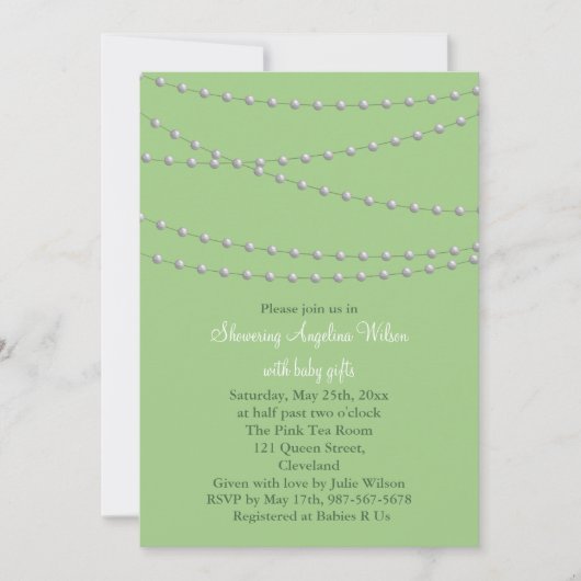 Dainty Pearls Baby shower Invitation (zacht groen) Kaart (Voorkant)