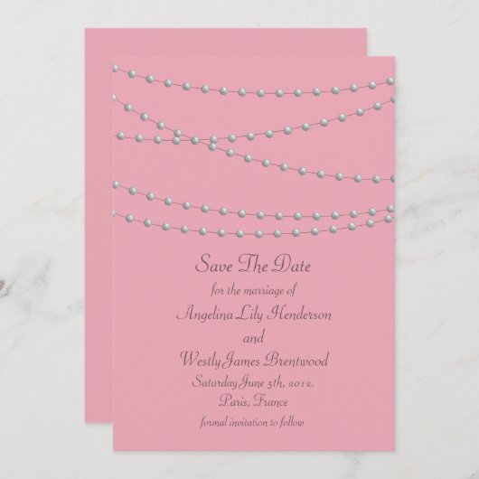 Dainty Pearls op Roze sparen de Datum Save The Date (Voorkant / Achterkant)