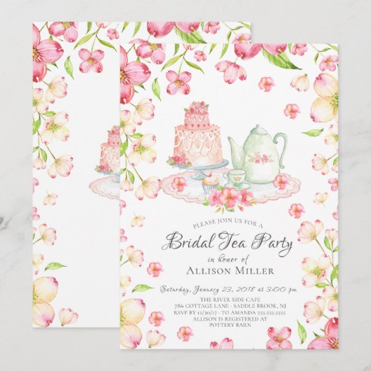 Dainty Pink Floral Bruids Tea Party Uitnodiging (Voorkant / Achterkant)