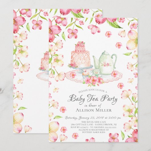 Dainty Rose Floral Baby Tea Party Invitation (Devant / Derrière)