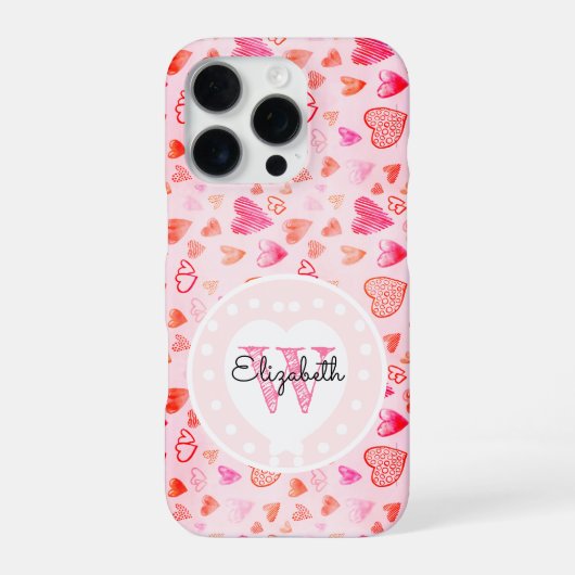 Dainty Roze Hart Patroon & Monogram Wit Hart iPhone Hoesje (Achterkant)