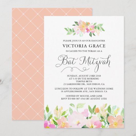 Dainty Watercolor Flowers Invitation Bat mitzvah (Devant / Derrière)