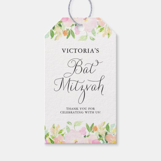 Dainty Waterverf Floral Bat Mitzvah Dank u Cadeaulabel (Voorkant)