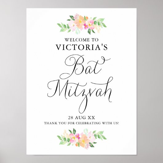 Dainty Waterverf Florals Bat Mitzvah Welkomstteken Poster (Voorkant)