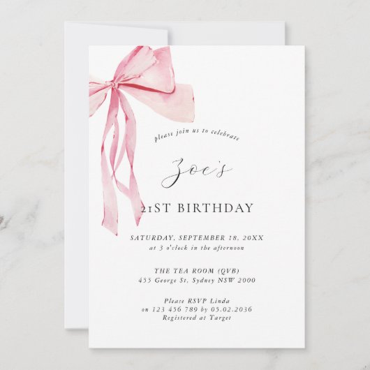 Dainty Waterverf Roze Bow 21ste Verjaardag Kaart (Voorkant)