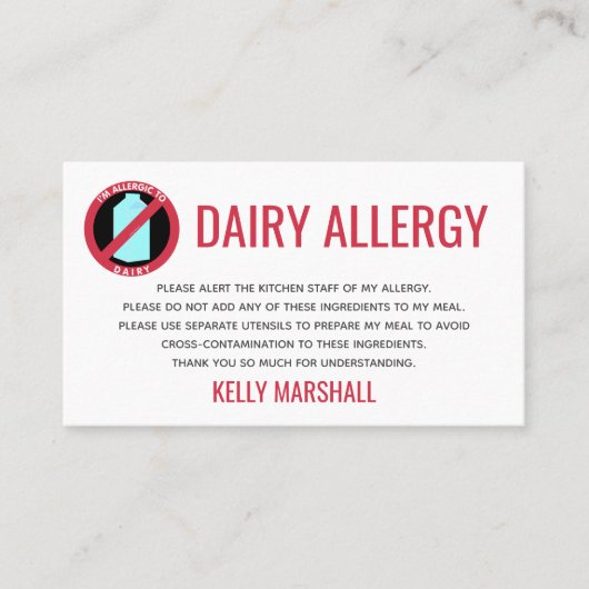 Dairy Allergy Alert Restaurant Chef Kaart Visitekaartje (Voorkant)